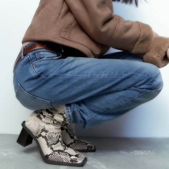 NEW Zara Snake Print Leather Block Heel Squared Toe Ankle Boots Booties 2130/010 - Picture 6 of 13